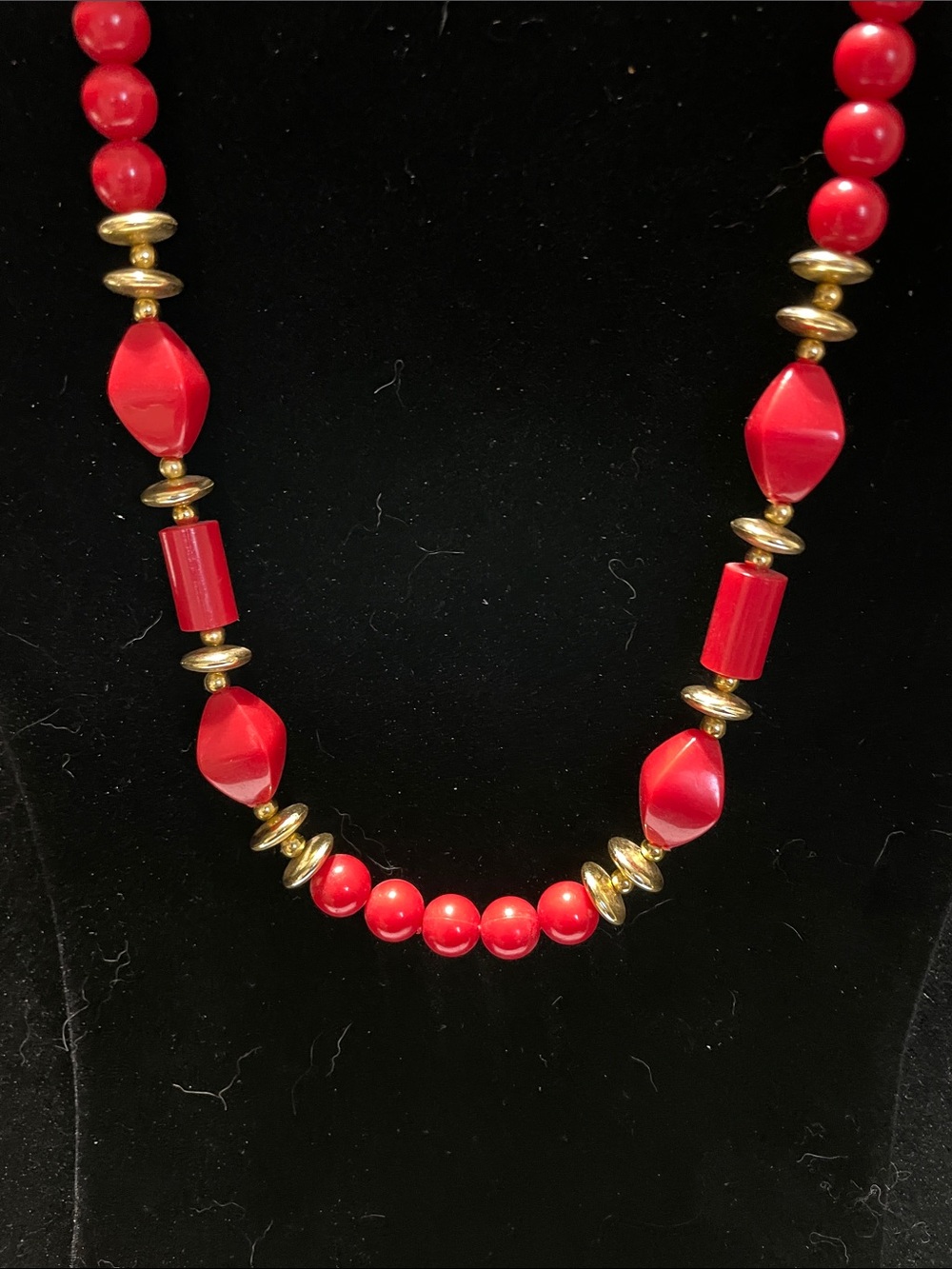 Red Beaded Necklace with Gold Accents.  M’s